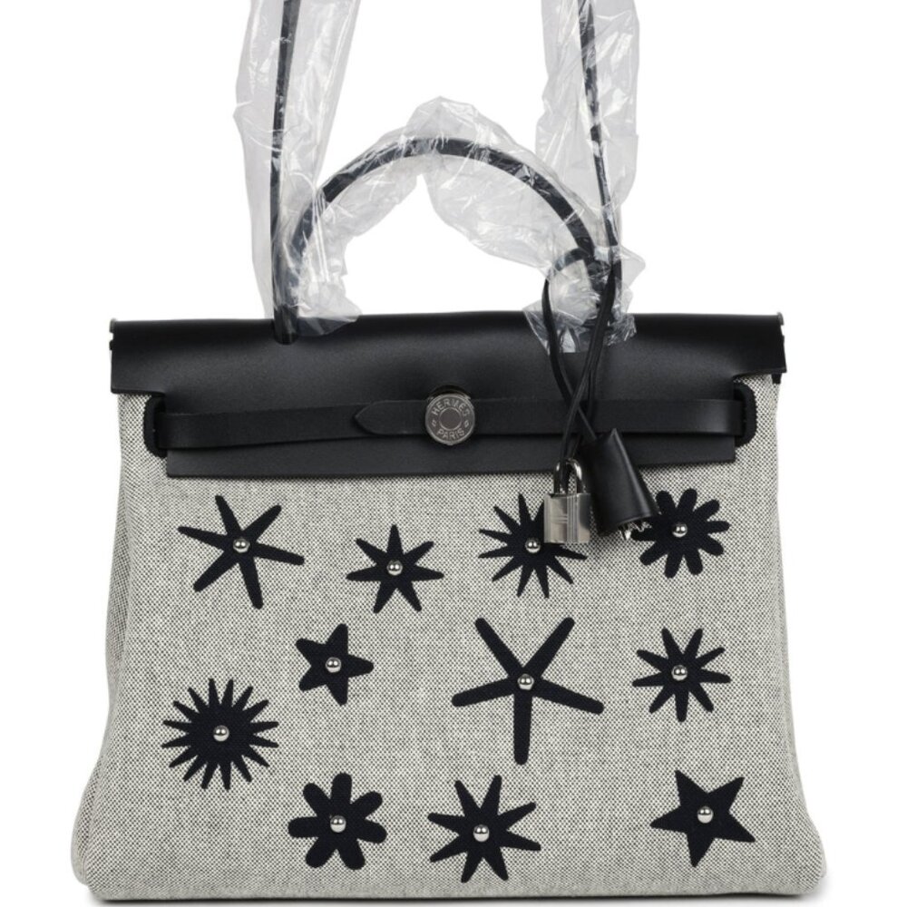 New Hermes Herbag Zip 31 Hobnailed Black and Ecru Printed Palladium Hardware Bag